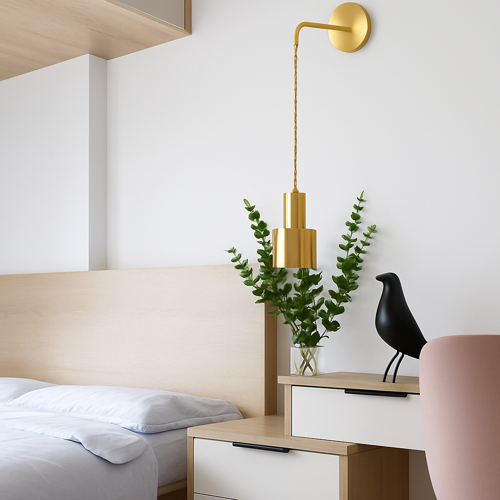 Gold Metal Wall Sconce with Hanging Shade | Modern Iron Fixture for Bedroom, Living Room & Dining | E27 Socket Downlight | Touch Switch | Thomler