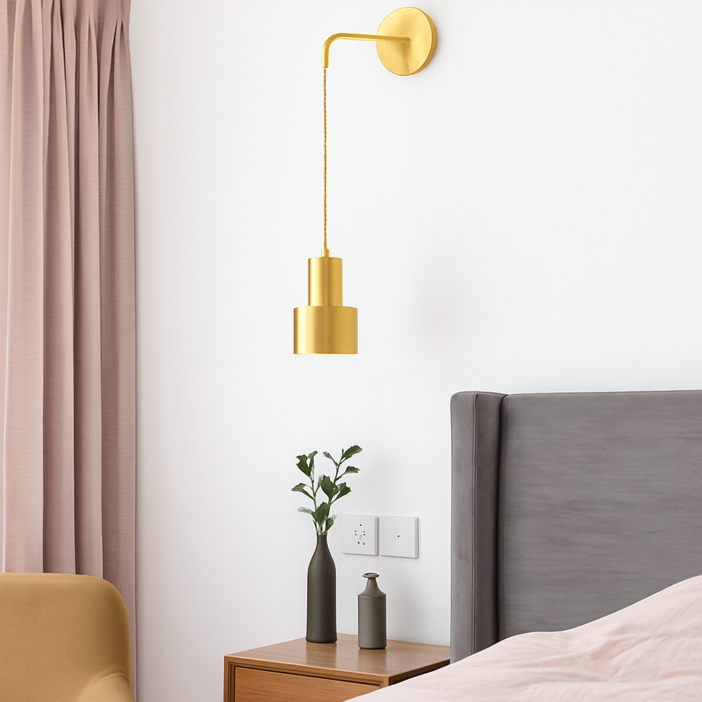 Gold Metal Wall Sconce with Hanging Shade | Modern Iron Fixture for Bedroom, Living Room & Dining | E27 Socket Downlight | Touch Switch | Thomler