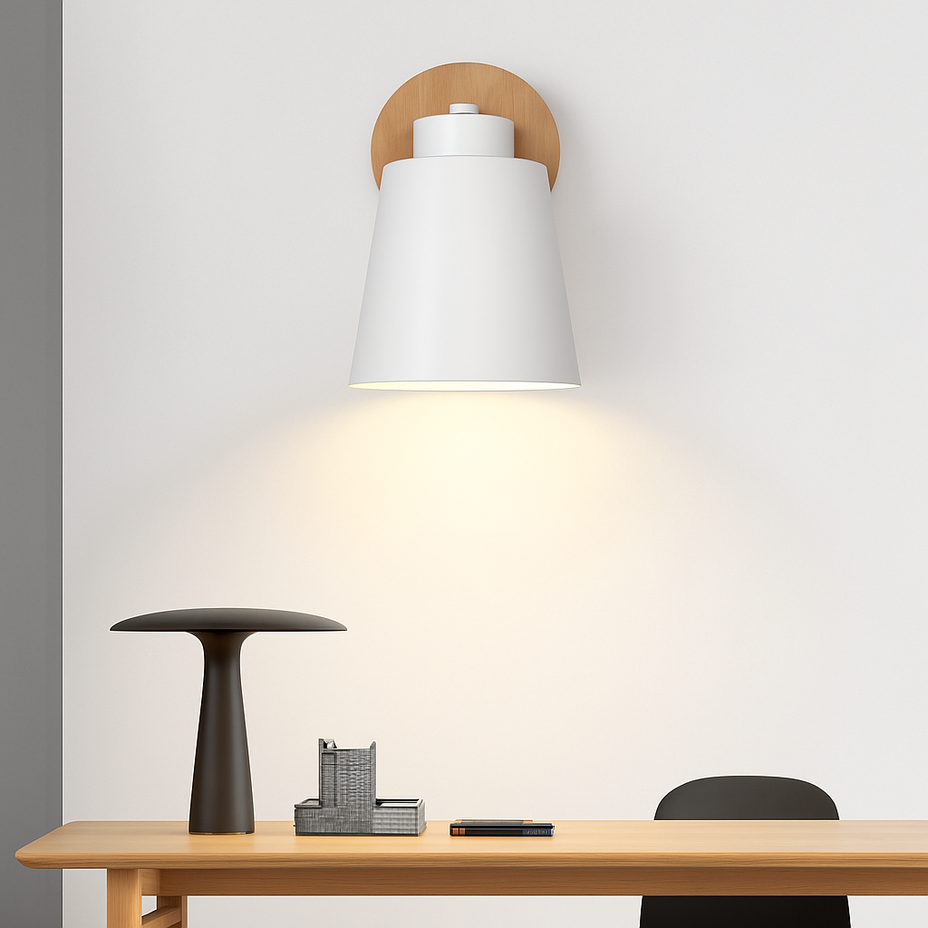 Adjustable Metal Wall Sconce with Wood Bracket & Swivel Shade for Bedroom and Living Room – Modern Nordic LED Light Fixture | Thomler