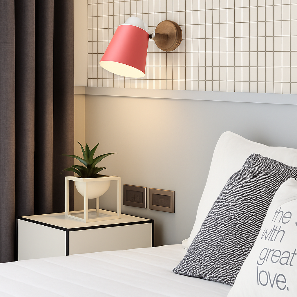 Adjustable Metal Wall Sconce with Wood Bracket & Swivel Shade for Bedroom and Living Room – Modern Nordic LED Light Fixture | Thomler