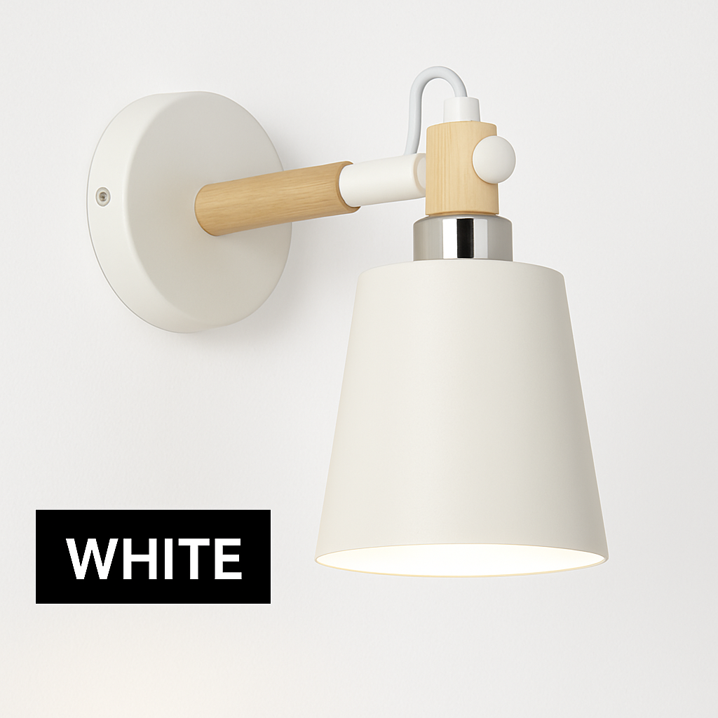 Scandinavian Wood & Metal LED Wall Sconce for Bedroom Living Room Dining Room | Modern Downlight E27 Bulb Included Black White Gray Blue | Thomler