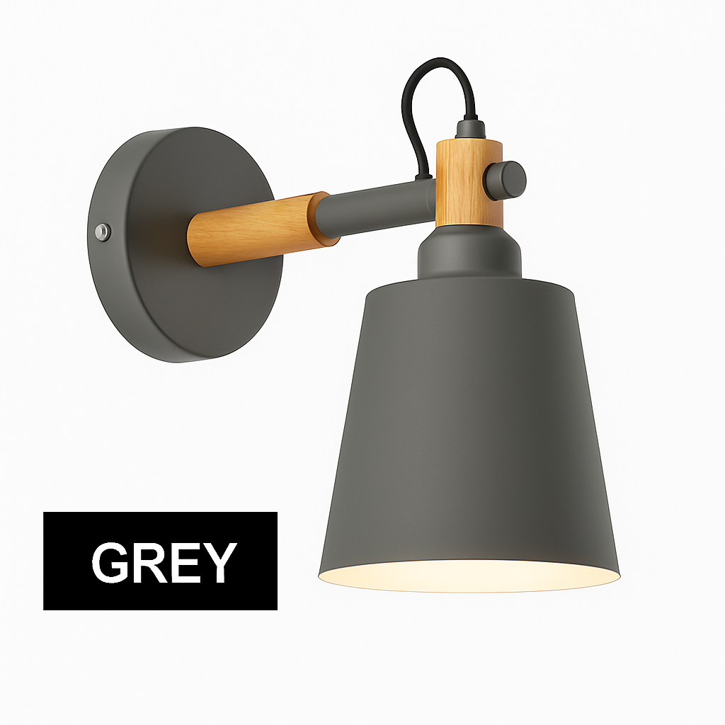 Scandinavian Wood & Metal LED Wall Sconce for Bedroom Living Room Dining Room | Modern Downlight E27 Bulb Included Black White Gray Blue | Thomler