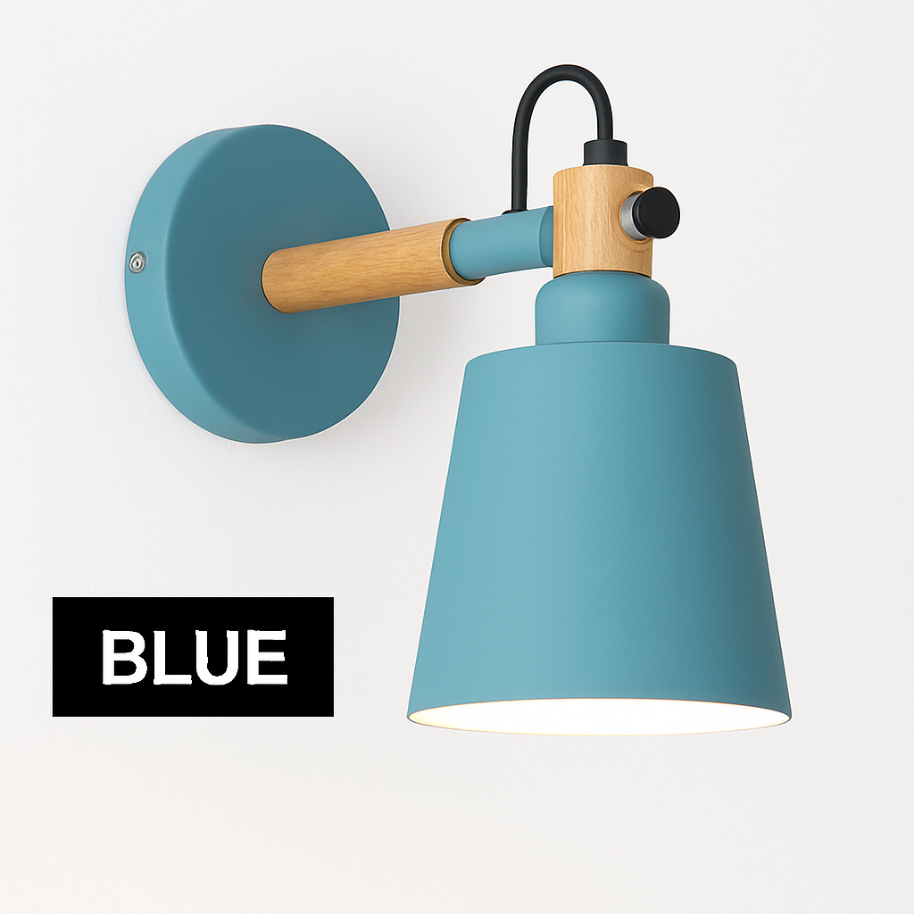 Scandinavian Wood & Metal LED Wall Sconce for Bedroom Living Room Dining Room | Modern Downlight E27 Bulb Included Black White Gray Blue | Thomler