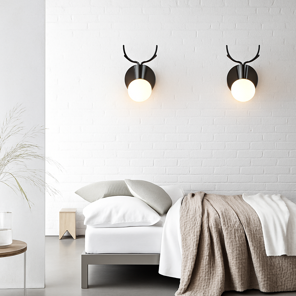 Wall Lamp Metal Wood E27 19.0 cm White Bedroom Hallway Scandinavian Antler Reading Light | Thomler