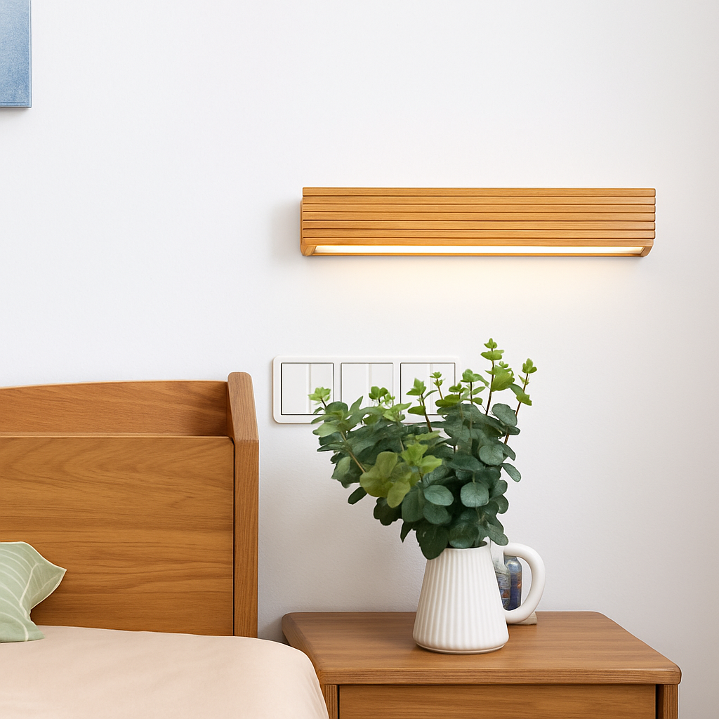 Carved Wood LED Wall Sconce Light – Rectangular Modern Ambient Fixture for Bedroom, Living Room, Bathroom – Energy Efficient Integrated | Thomler