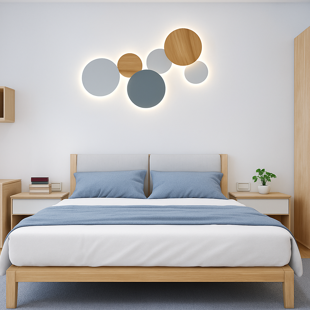 Round LED Wall Sconce with Halo Glow Effect – Wood or Metal Finish – Indirect Ambient Lighting for Bedroom, Living Room & Hallways | Thomler