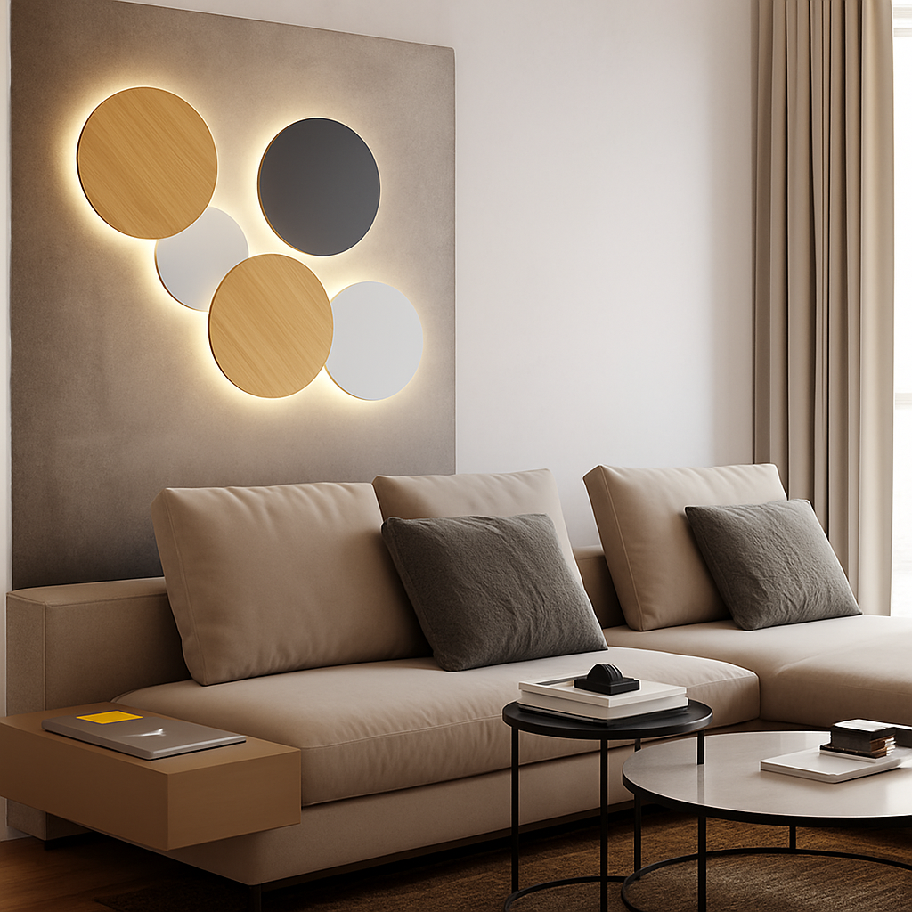 Round LED Wall Sconce with Halo Glow Effect – Wood or Metal Finish – Indirect Ambient Lighting for Bedroom, Living Room & Hallways | Thomler
