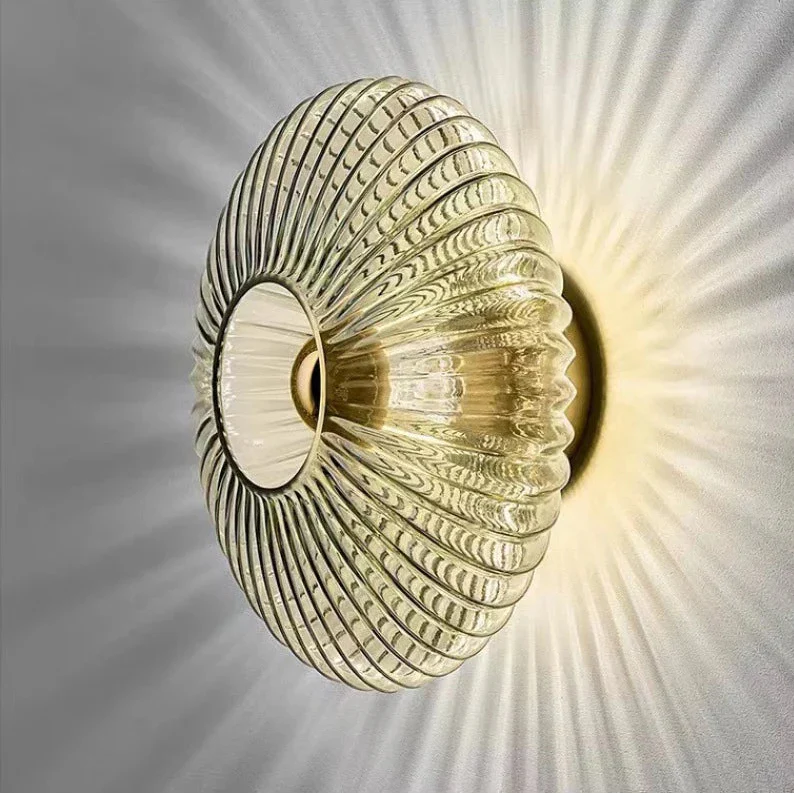 Wall Lamp Ribbed Glass Amber Gold Indoor Bedroom Hallway Decorative Shell Wall Light Art Deco Boho Sconce | Thomler