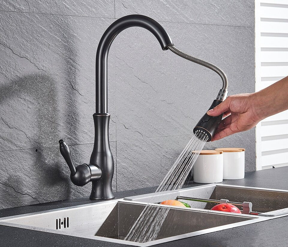 Kitchen Faucet Brass 45.0 cm 17.7" Pull Out Spray Black Kitchen Sink Flexible Mixer Tap Retractable Hose Modern | Thomler