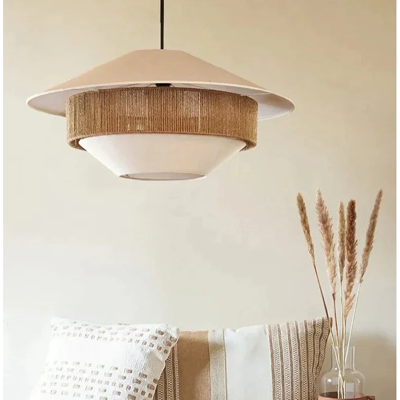 Pendant Light Organic Cotton 20 in Brown Hanging Dining Room Bedroom Wicker Style Ceiling Lamp Japandi Minimalist Decor | Thomler