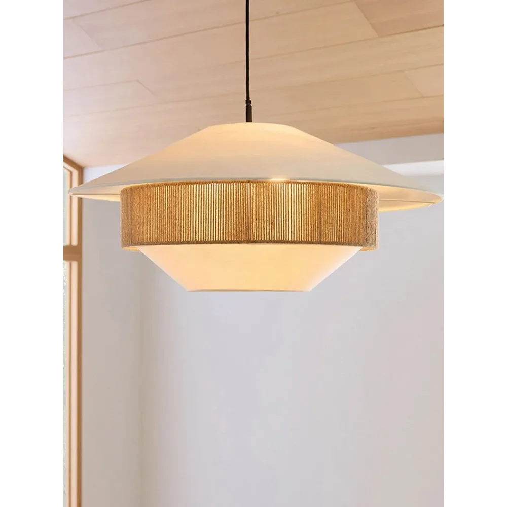 Pendant Light Organic Cotton 20 in Brown Hanging Dining Room Bedroom Wicker Style Ceiling Lamp Japandi Minimalist Decor | Thomler