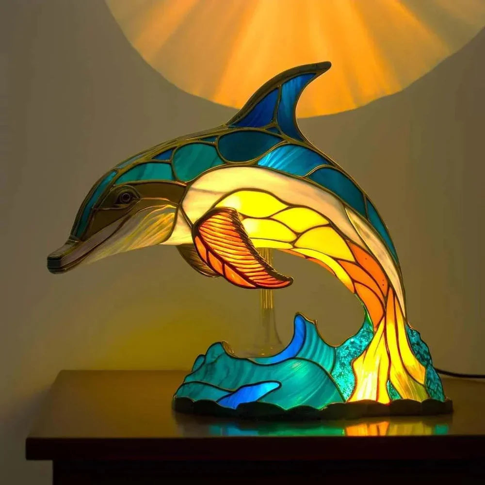 Stained Glass Wildlife Table Lamp Decorative Animal Accent Light Handcrafted Style Illumination for Bedroom Nightstand Living Room Desk | Thomler