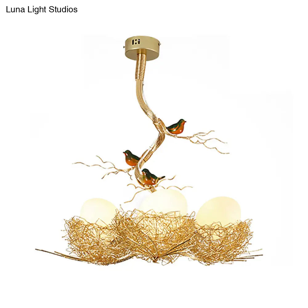 Nature-Inspired Ceiling Pendant Light with Bird Accents & Woven Metal Design — Gold Hanging Fixture for Dining Room, Bedroom, Living Room | Thomler