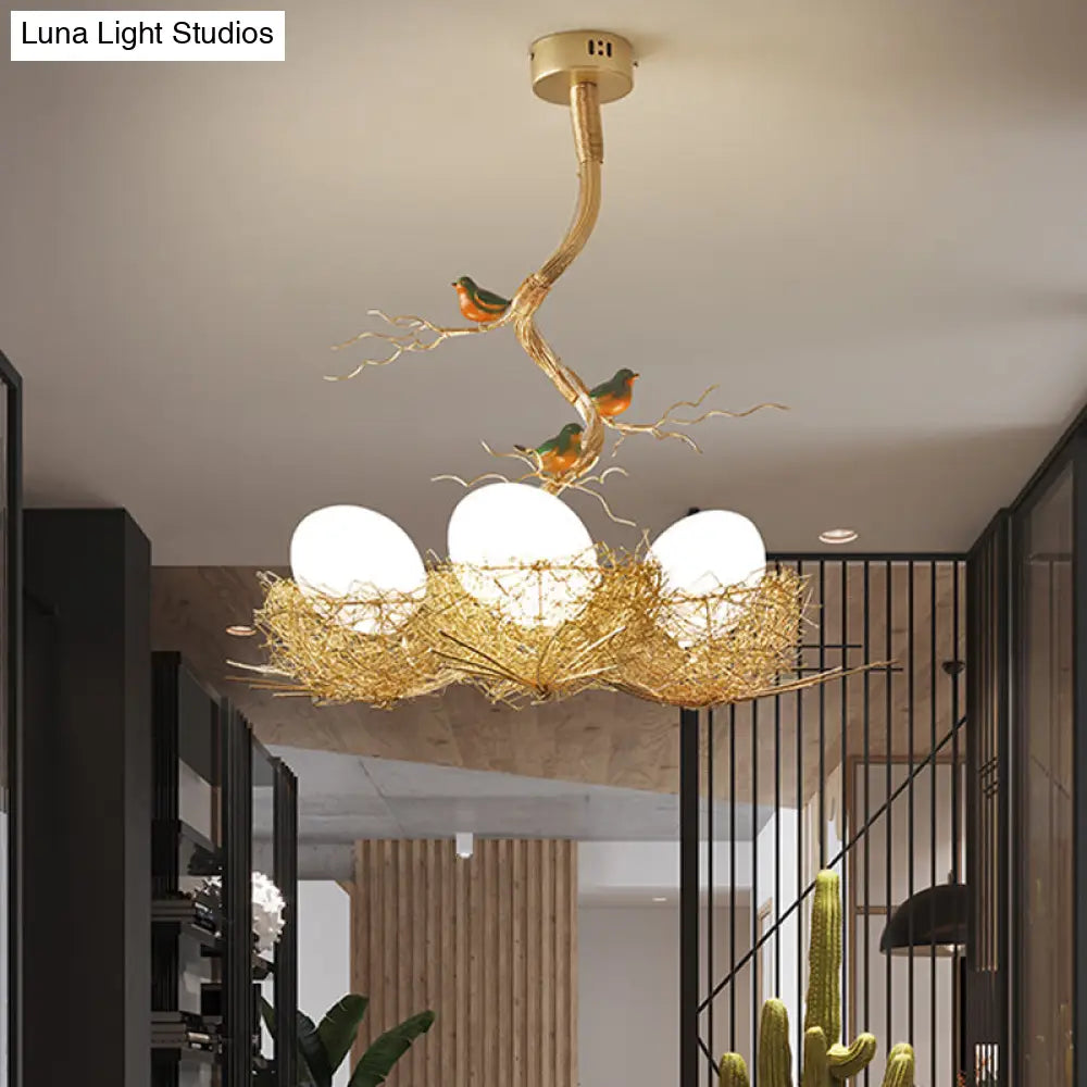 Nature-Inspired Ceiling Pendant Light with Bird Accents & Woven Metal Design — Gold Hanging Fixture for Dining Room, Bedroom, Living Room | Thomler
