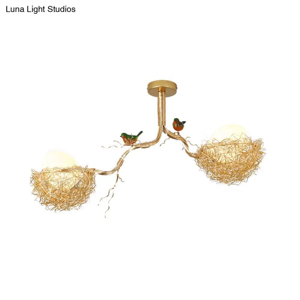 Nature-Inspired Ceiling Pendant Light with Bird Accents & Woven Metal Design — Gold Hanging Fixture for Dining Room, Bedroom, Living Room | Thomler