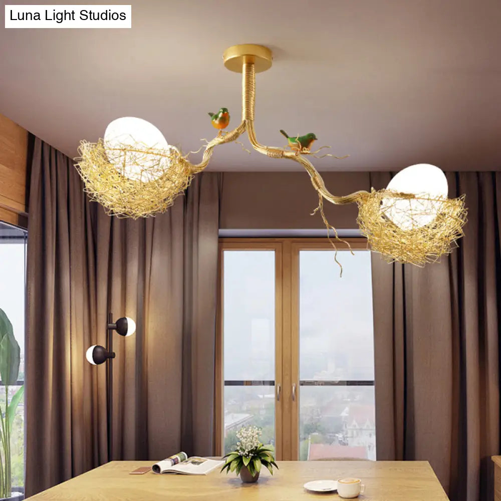 Nature-Inspired Ceiling Pendant Light with Bird Accents & Woven Metal Design — Gold Hanging Fixture for Dining Room, Bedroom, Living Room | Thomler