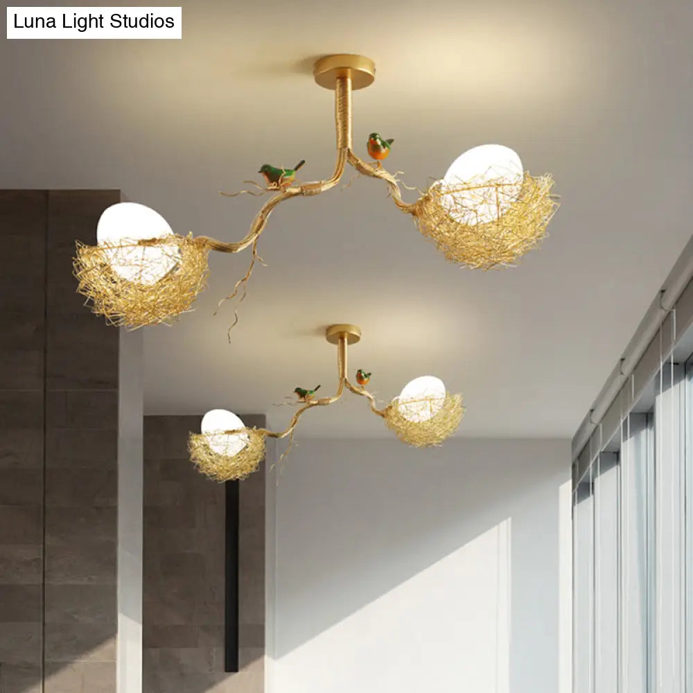 Nature-Inspired Ceiling Pendant Light with Bird Accents & Woven Metal Design — Gold Hanging Fixture for Dining Room, Bedroom, Living Room | Thomler