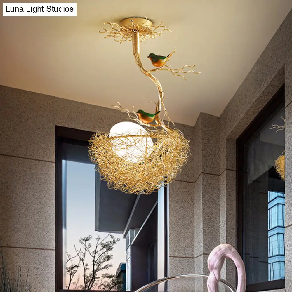 Nature-Inspired Ceiling Pendant Light with Bird Accents & Woven Metal Design — Gold Hanging Fixture for Dining Room, Bedroom, Living Room | Thomler