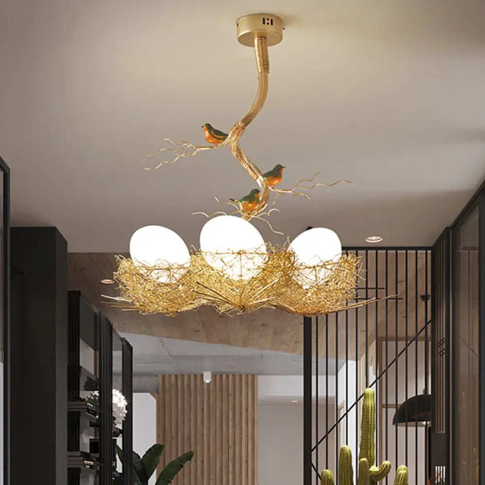 Nature-Inspired Ceiling Pendant Light with Bird Accents & Woven Metal Design — Gold Hanging Fixture for Dining Room, Bedroom, Living Room | Thomler