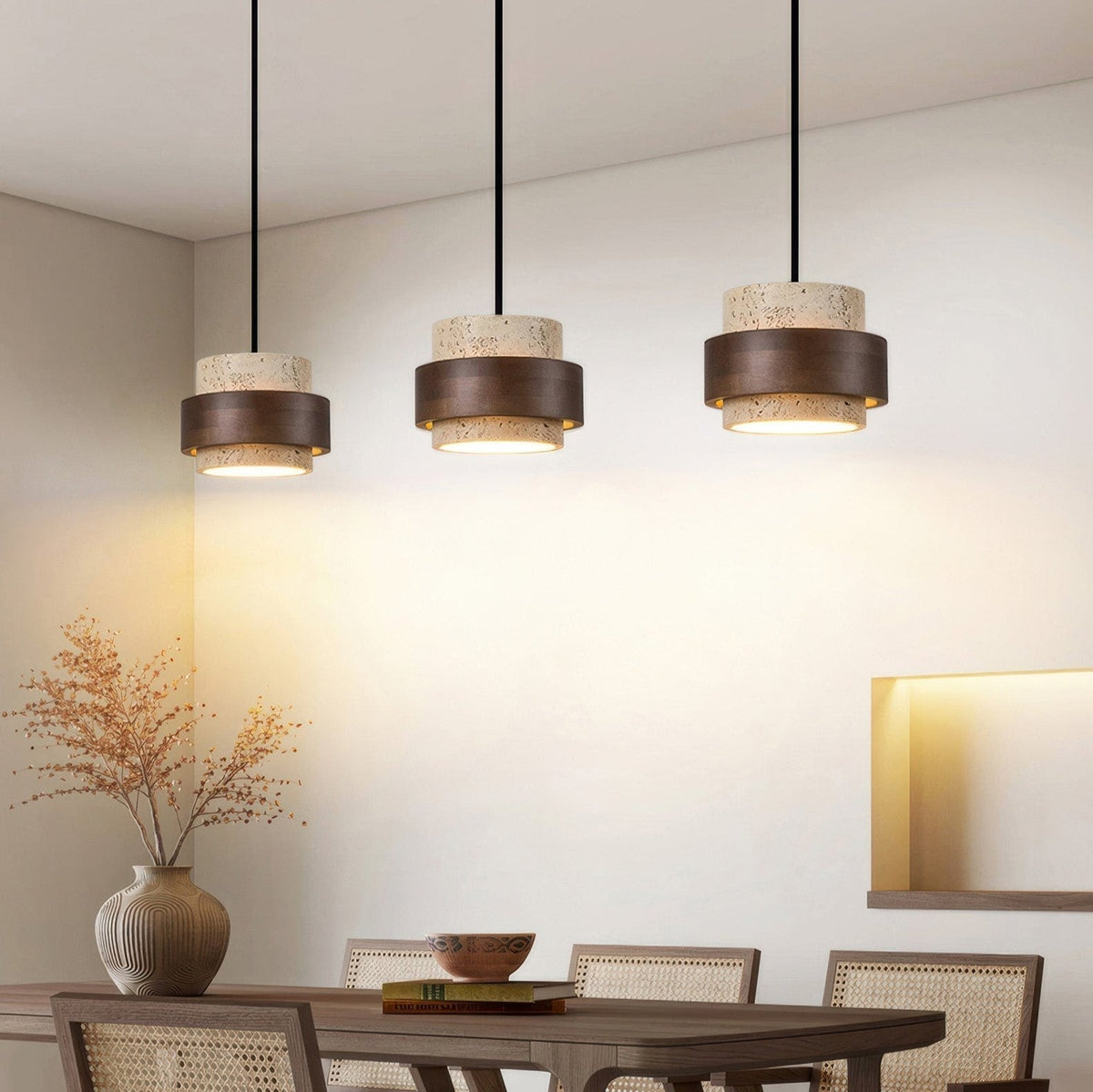 Natural Travertine Stone Pendant Light with Wood Accents – Adjustable Height LED Ceiling Fixture for Dining Room, Kitchen Island & Bar | Thomler
