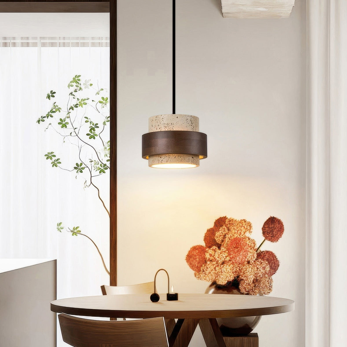 Natural Travertine Stone Pendant Light with Wood Accents – Adjustable Height LED Ceiling Fixture for Dining Room, Kitchen Island & Bar | Thomler