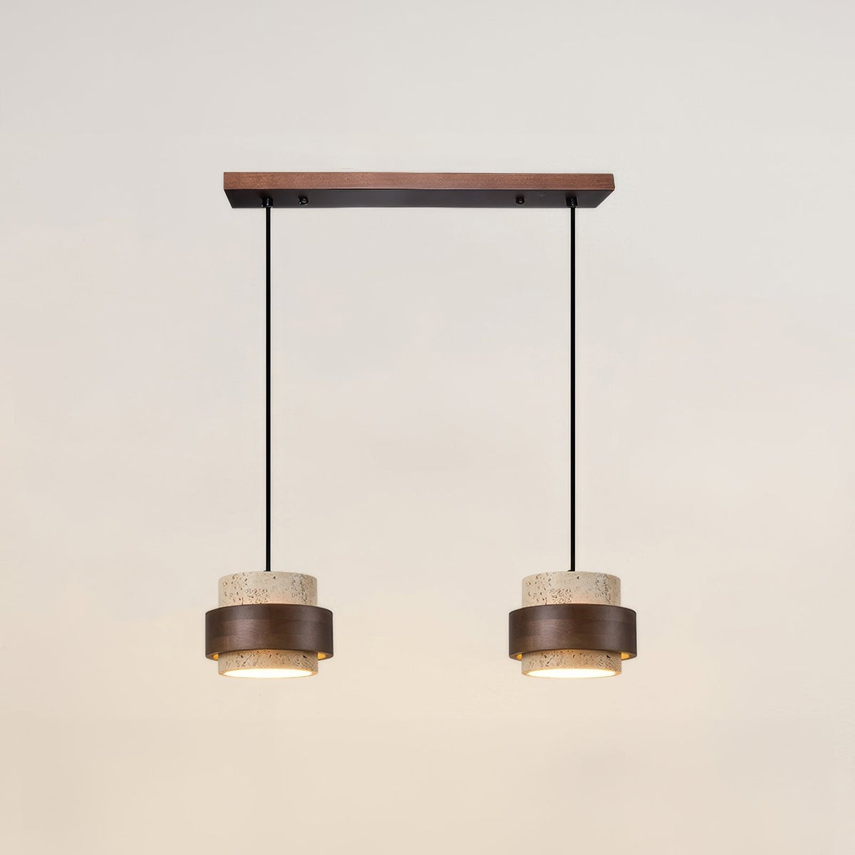 Natural Travertine Stone Pendant Light with Wood Accents – Adjustable Height LED Ceiling Fixture for Dining Room, Kitchen Island & Bar | Thomler