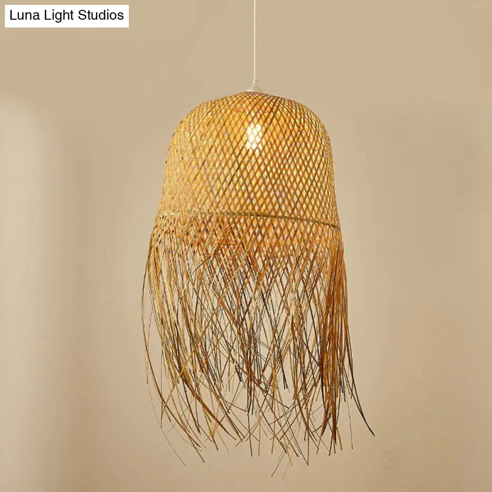 Woven Rattan Dome Hanging Light with Natural Fringe Trim | Bohemian Ceiling Pendant Fixture | E26 Socket | 1-Bulb | Thomler