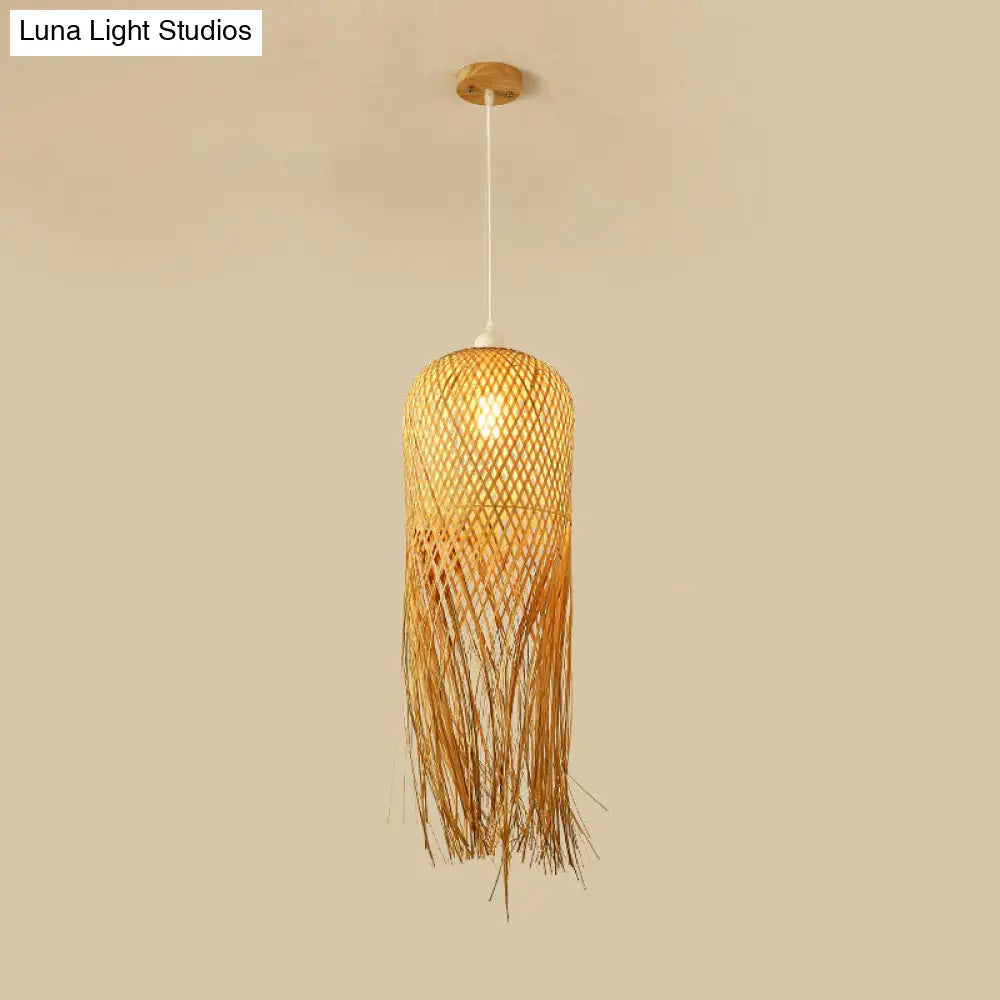 Woven Rattan Dome Hanging Light with Natural Fringe Trim | Bohemian Ceiling Pendant Fixture | E26 Socket | 1-Bulb | Thomler