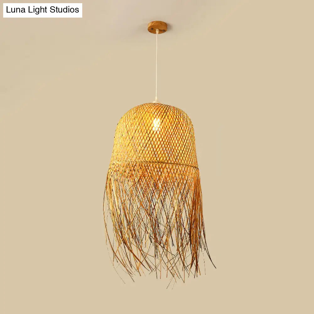 Woven Rattan Dome Hanging Light with Natural Fringe Trim | Bohemian Ceiling Pendant Fixture | E26 Socket | 1-Bulb | Thomler
