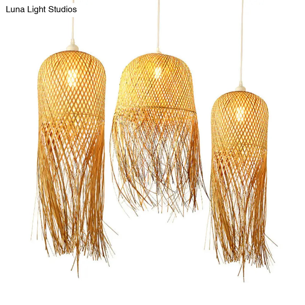 Woven Rattan Dome Hanging Light with Natural Fringe Trim | Bohemian Ceiling Pendant Fixture | E26 Socket | 1-Bulb | Thomler