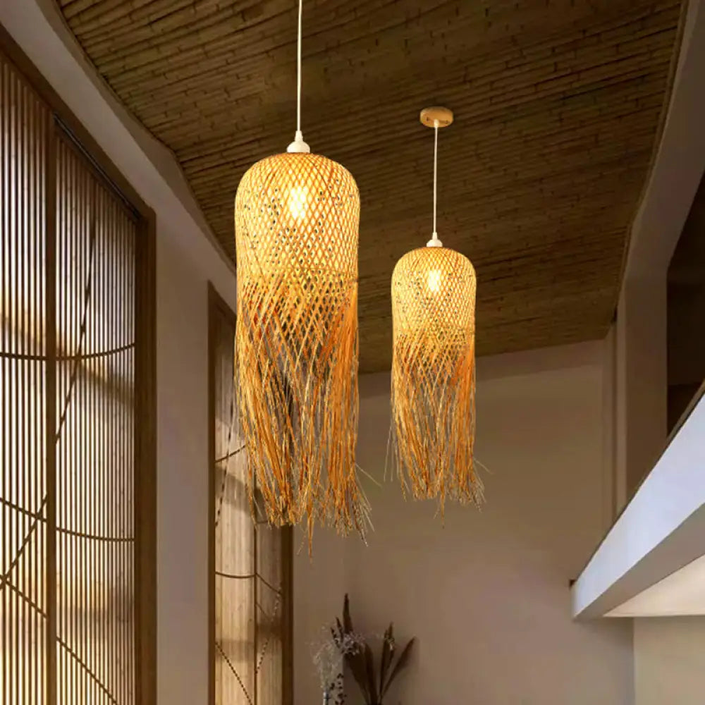 Woven Rattan Dome Hanging Light with Natural Fringe Trim | Bohemian Ceiling Pendant Fixture | E26 Socket | 1-Bulb | Thomler