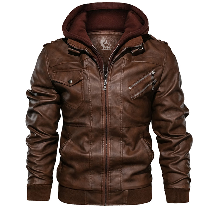 Men's Hooded Faux Leather Jacket with Removable Hood – Waterproof Scratch-Resistant Moto Biker Coat for Fall Winter | Thomler