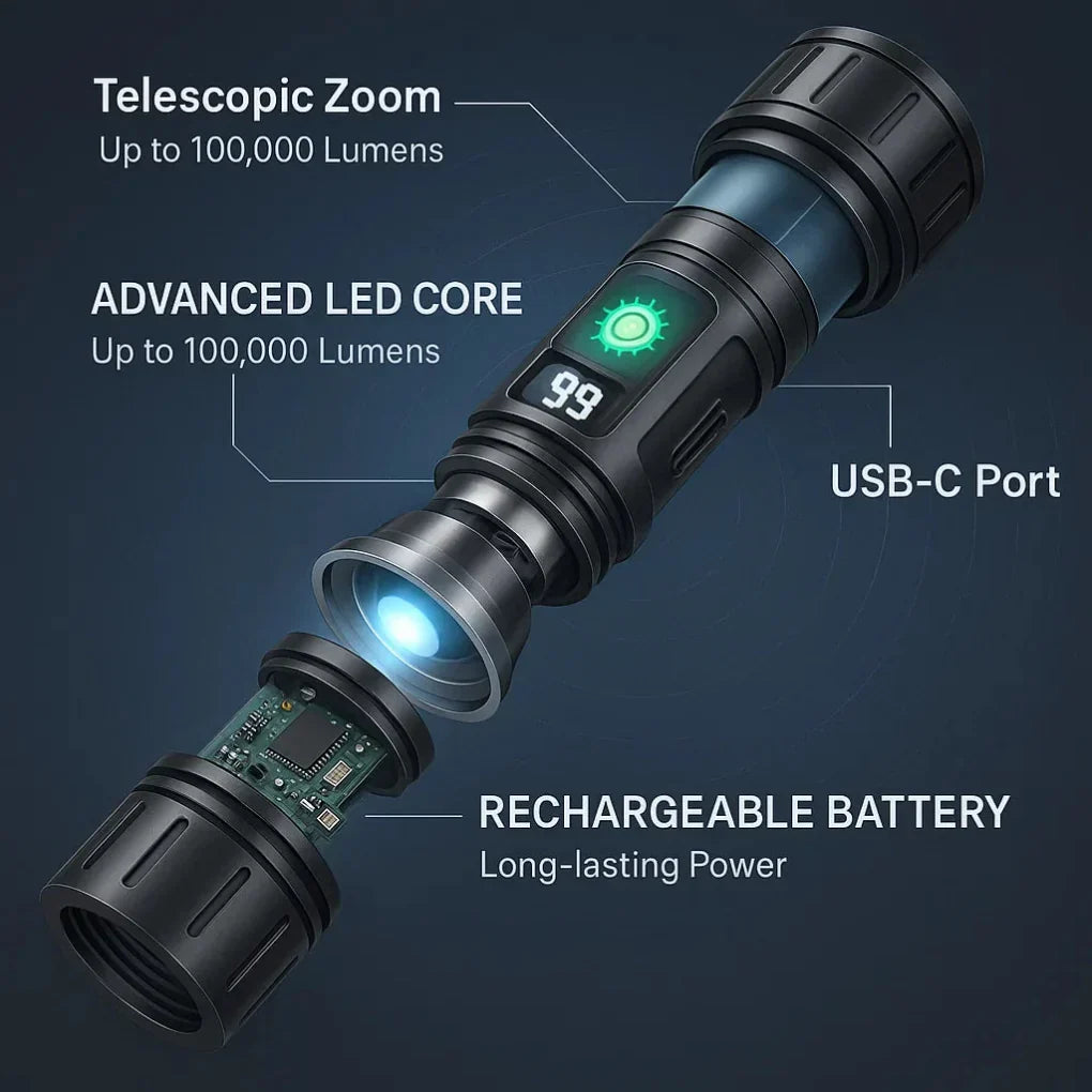 High-Lumen Rechargeable Tactical Flashlight with 5 Modes & 1640 ft Beam for Camping, Hunting & Emergency Use | Thomler