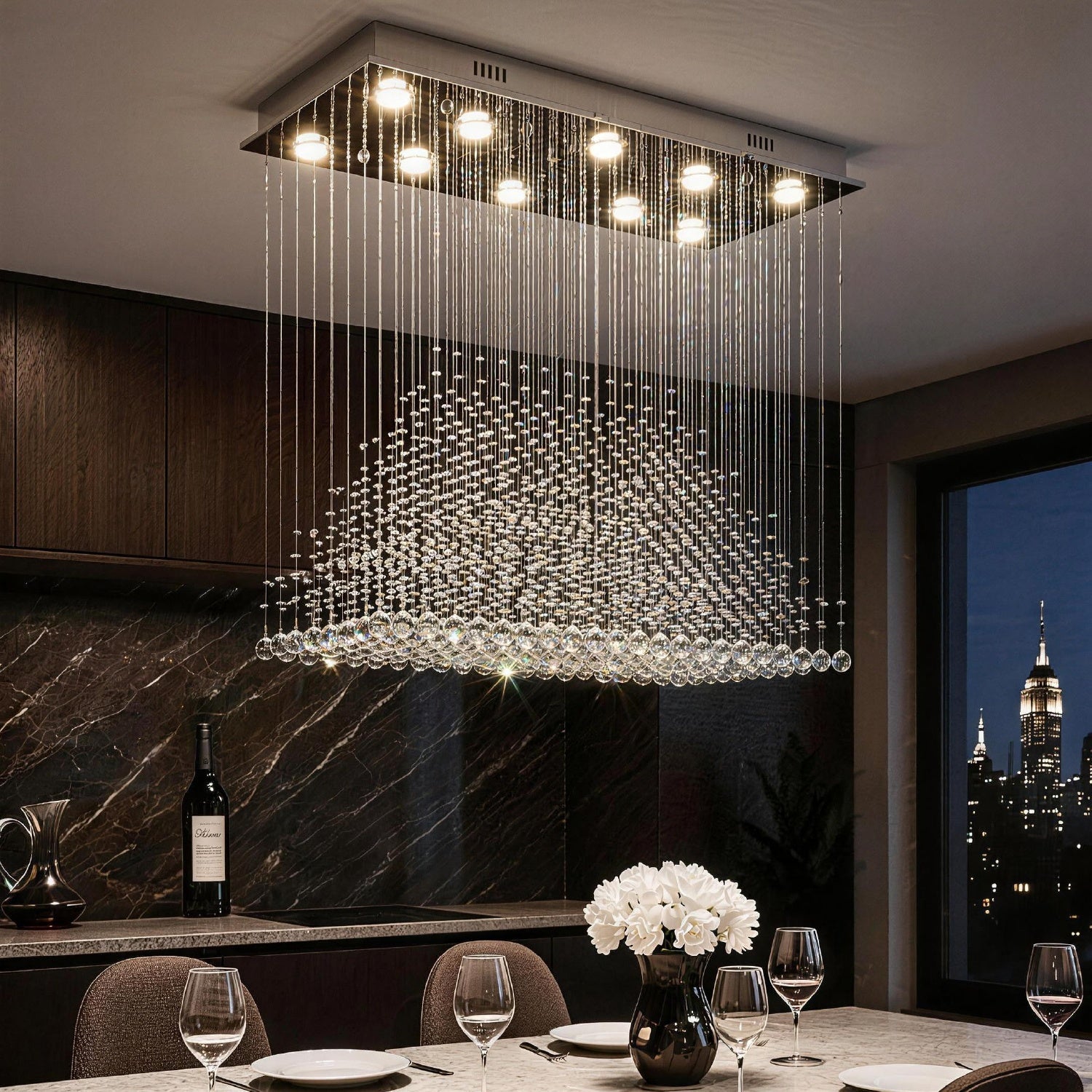 Rectangular Crystal Chandelier with Pyramid Design, 10-Light Stainless Steel Hanging Fixture for Dining Room, Kitchen Island & Living Room | Thomler