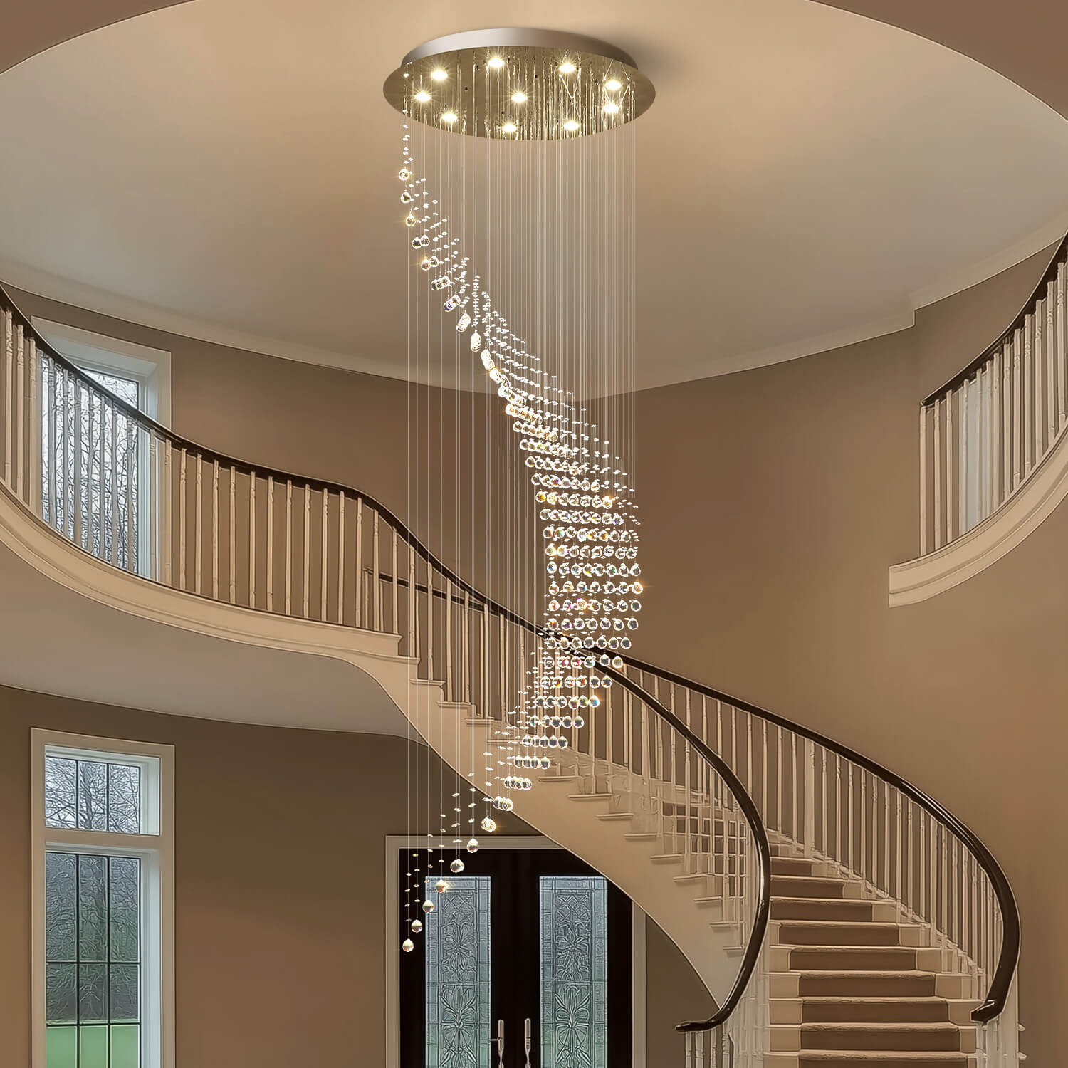 Chandelier Stainless Steel 51 in Adjustable Spiral Raindrop Crystal Foyer Light Modern Luxury Lighting for Staircase Living Room Dining Room | Thomler