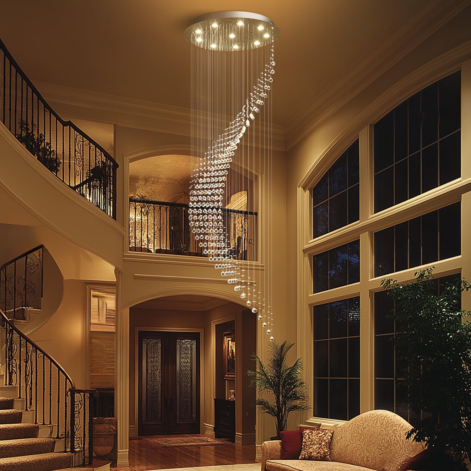 Chandelier Stainless Steel K9 Crystal Ø100.0 cm Chrome Staircase Entrance Hall Spiral Raindrop Ceiling Light GU10 Dimmable | Thomler