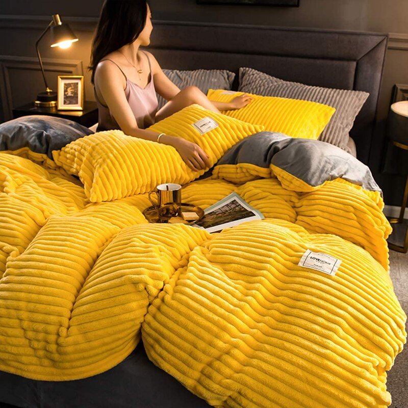 Duvet Cover High-Quality Fleece 220.0 cm x 240.0 cm Green Rib Pattern Winter Bedroom Soft Warm Bedding | Thomler