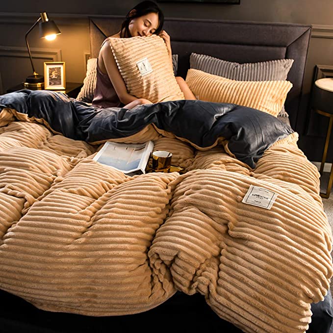 Duvet Cover High-Quality Fleece 220.0 cm x 240.0 cm Green Rib Pattern Winter Bedroom Soft Warm Bedding | Thomler