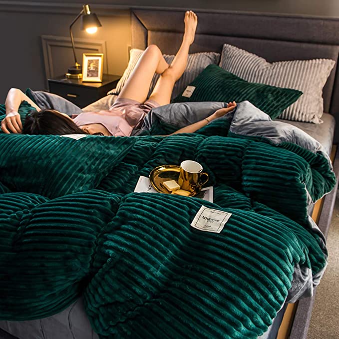 Duvet Cover High-Quality Fleece 220.0 cm x 240.0 cm Green Rib Pattern Winter Bedroom Soft Warm Bedding | Thomler