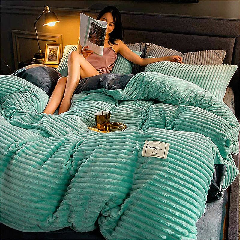 Duvet Cover High-Quality Fleece 220.0 cm x 240.0 cm Green Rib Pattern Winter Bedroom Soft Warm Bedding | Thomler