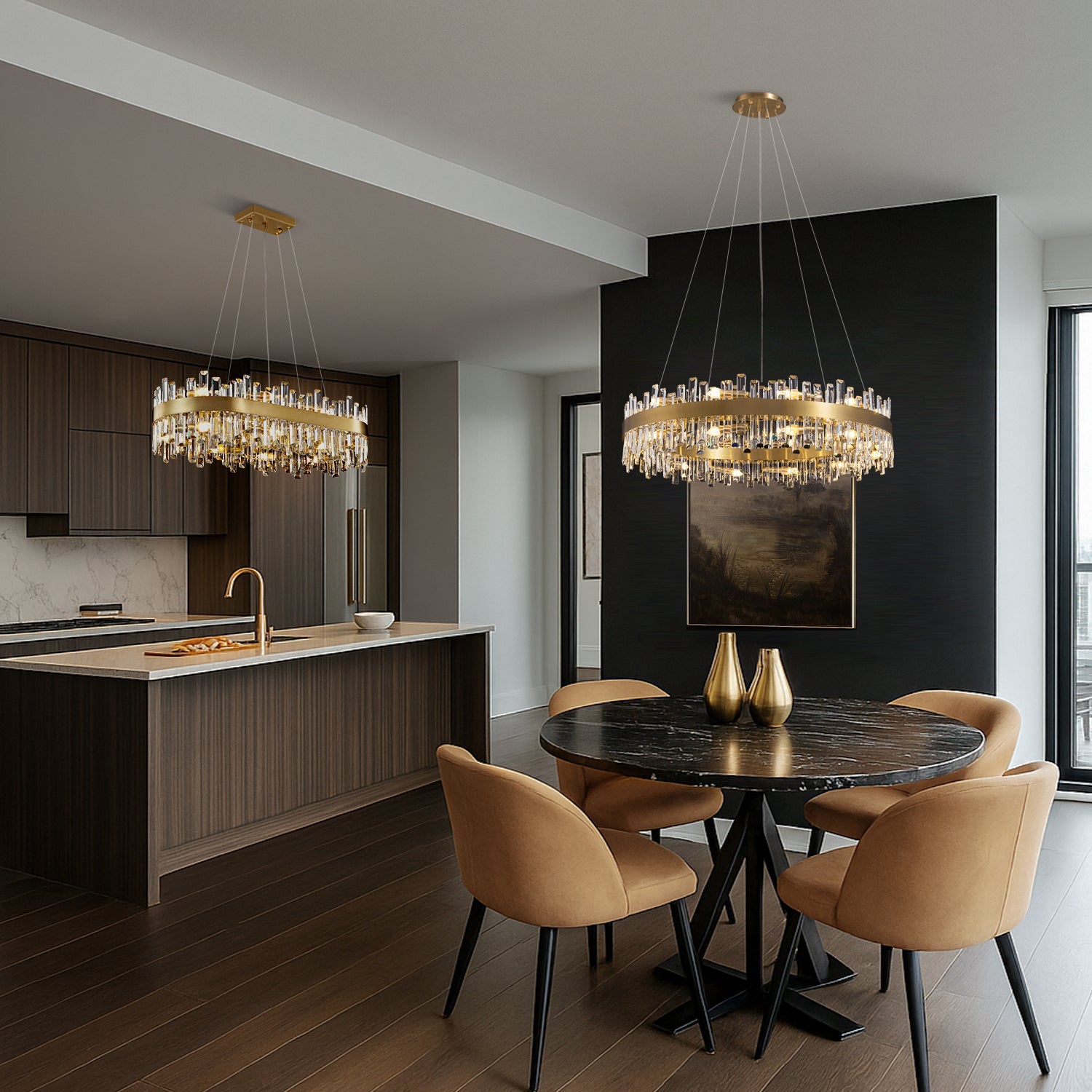 Pendant Light Crystal Metal 19.7 in Round Gold Dining Room Kitchen Island Ceiling Chandelier Adjustable Height Luxury Modern | Thomler
