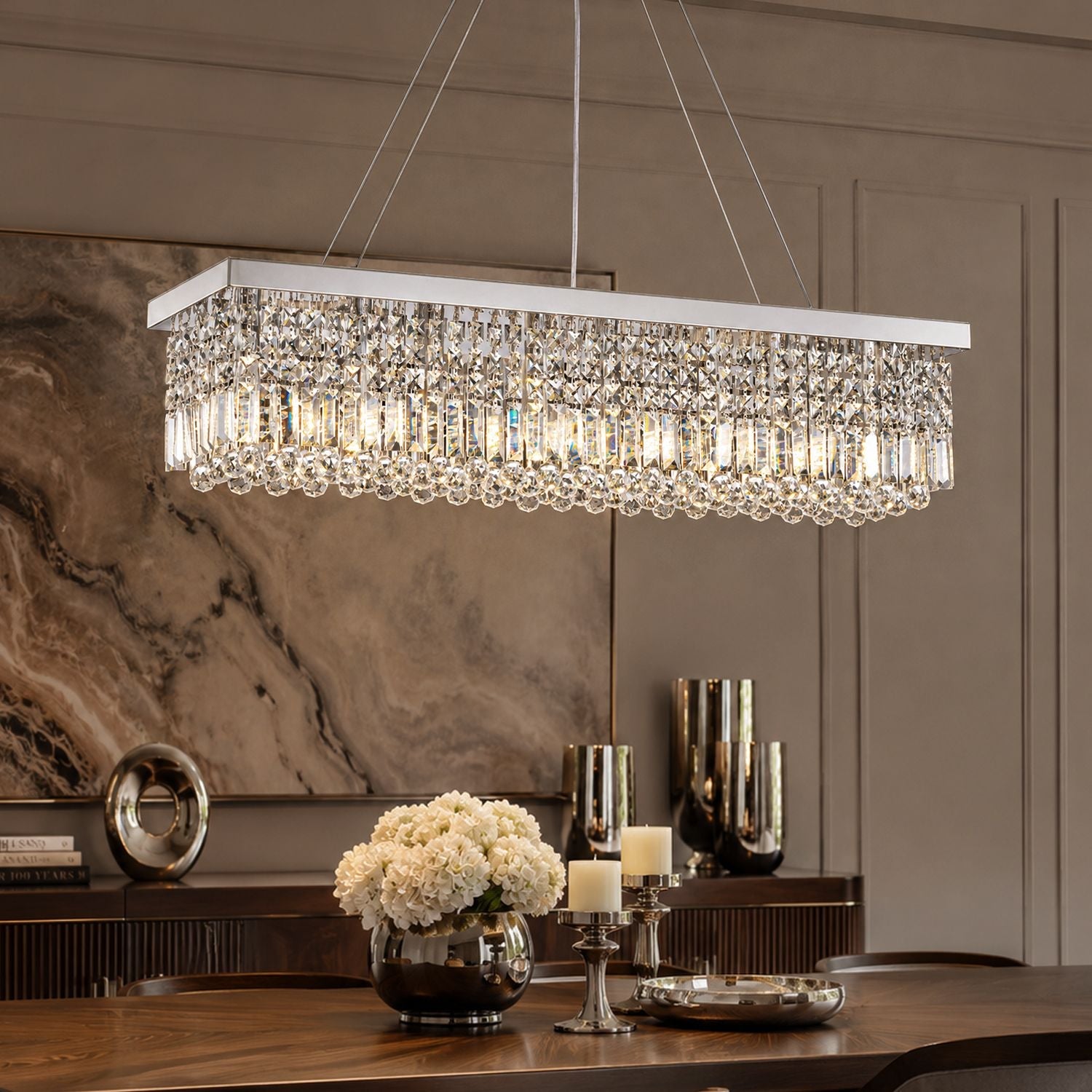 Linear K9 Glass Drop Ceiling Light Fixture for Dining Room & Kitchen – Chrome Finish | Thomler