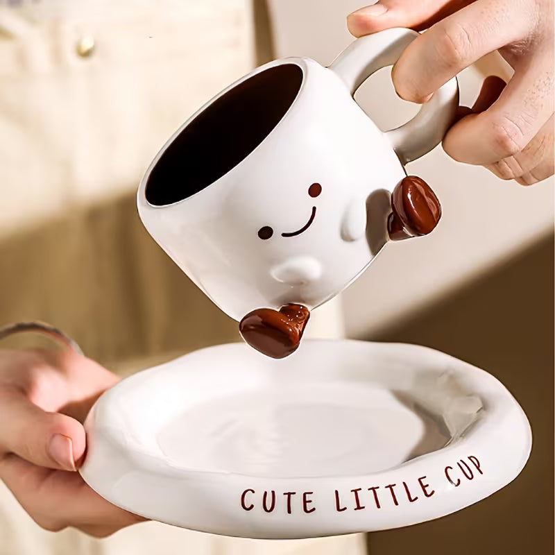 Coffee Cup Ceramic 250 ml White Smiley Face Tea Latte Cappuccino Mug With Saucer Cute Kitchen Gift | Thomler