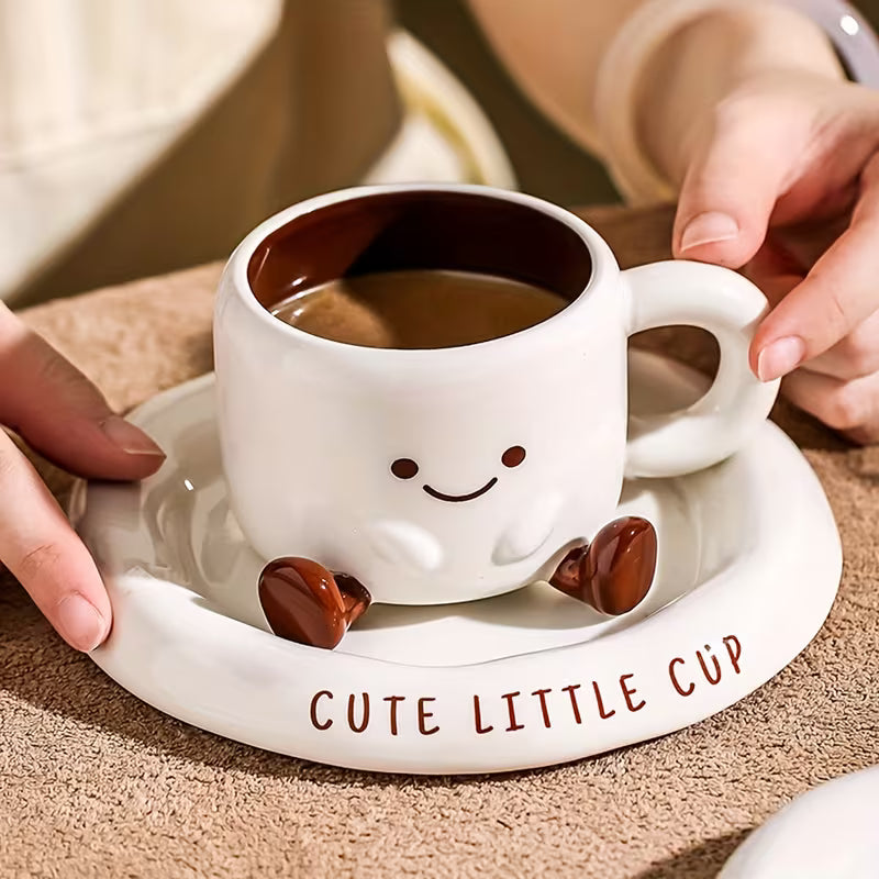 Coffee Cup Ceramic 250 ml White Smiley Face Tea Latte Cappuccino Mug With Saucer Cute Kitchen Gift | Thomler