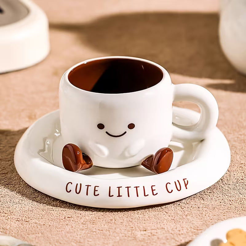 Coffee Cup Ceramic 250 ml White Smiley Face Tea Latte Cappuccino Mug With Saucer Cute Kitchen Gift | Thomler