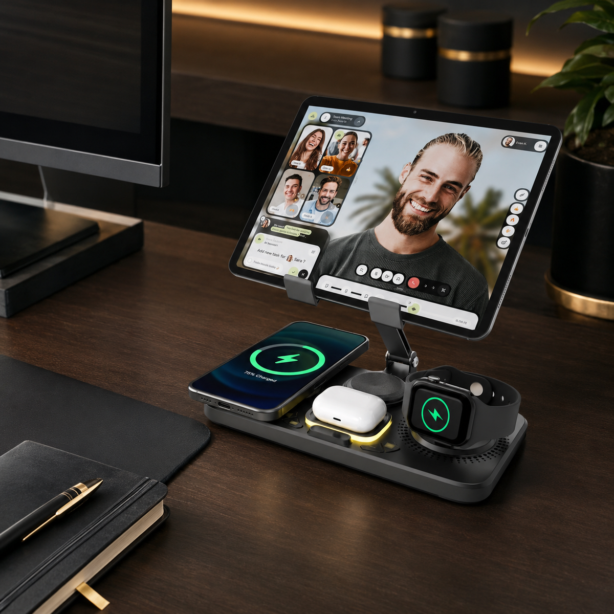 Multi-Device Wireless Charging Station with Adjustable Tablet Holder for Phones, Watches & Earbuds | Thomler