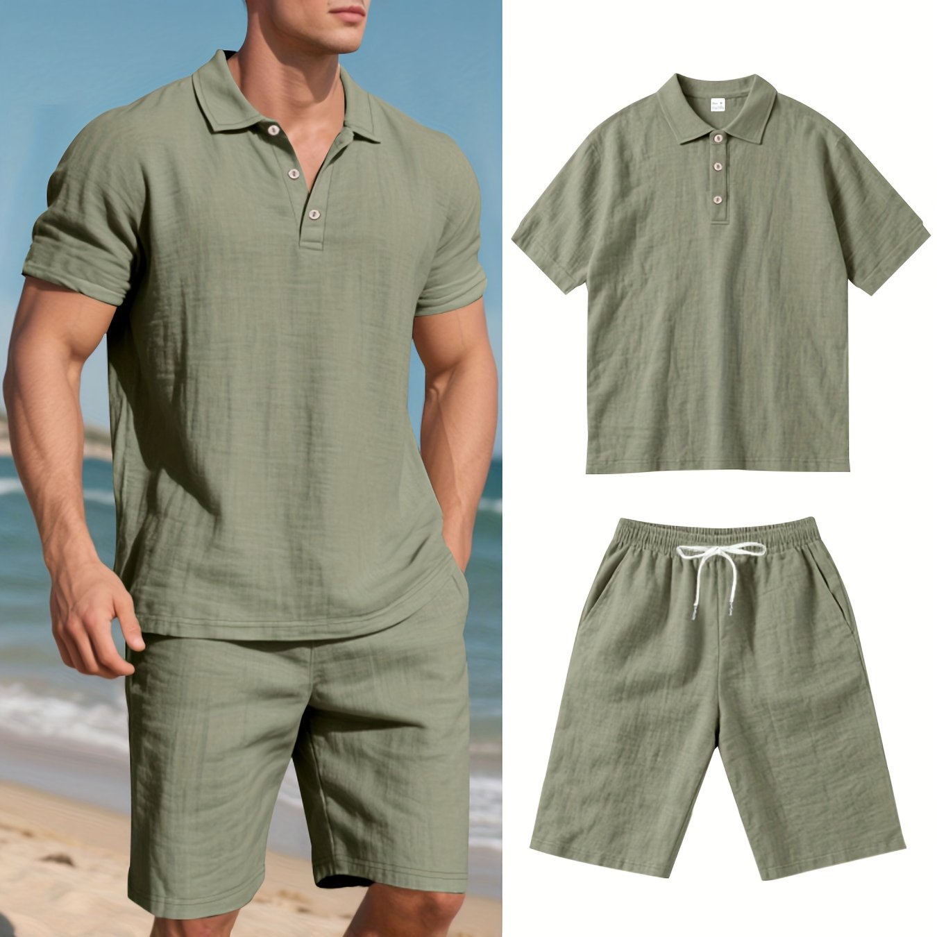 Men's Short-Sleeve Polo & Shorts Linen Set Summer Two-Piece Outfit Lightweight Breathable Casual Wear for Warm Weather | Thomler