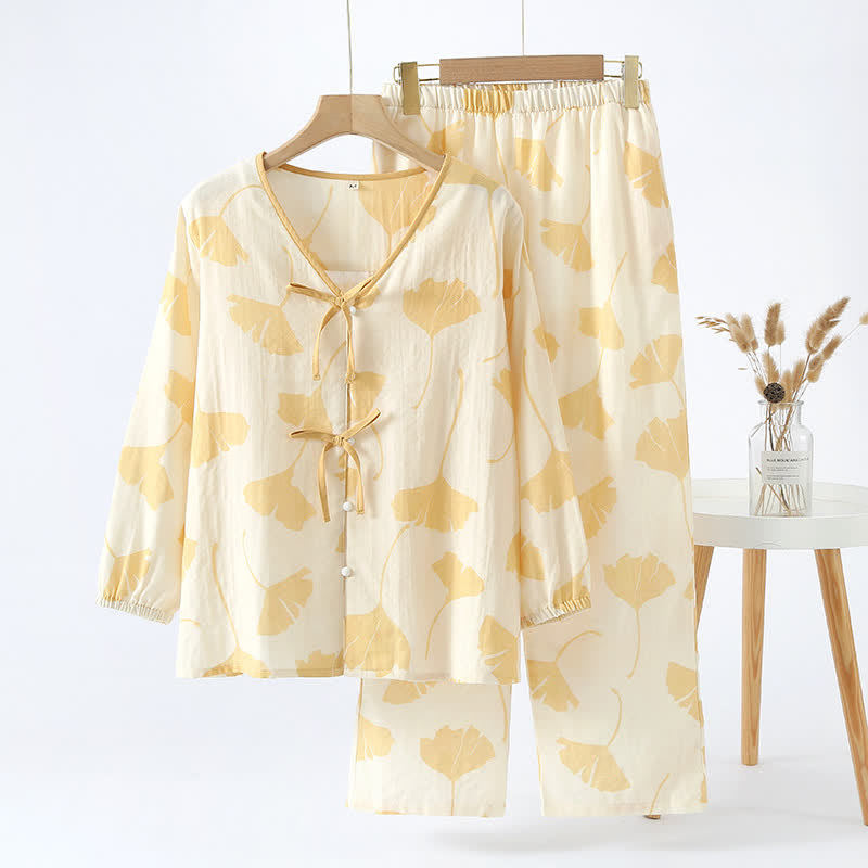 Women's Cotton Pajama Set with Ginkgo Leaf Print and Bow Tie Detail for Lounging at Home | Thomler
