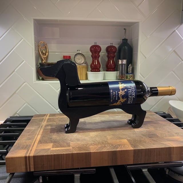 Dachshund Wine Bottle Holder | Resin Table Stand for Wine Display | Kitchen Counter Decor | Wiener Dog Figurine Holder for Red White Wine | Thomler