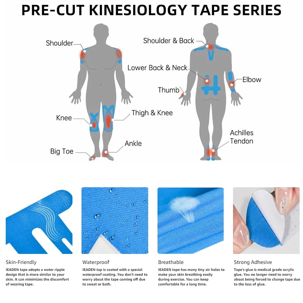 Pre-Cut Kinesiology Tape for Knee Support – 150% Stretch Cotton Athletic Tape for Pain Relief & Stability During Sports & Daily Activity | Thomler